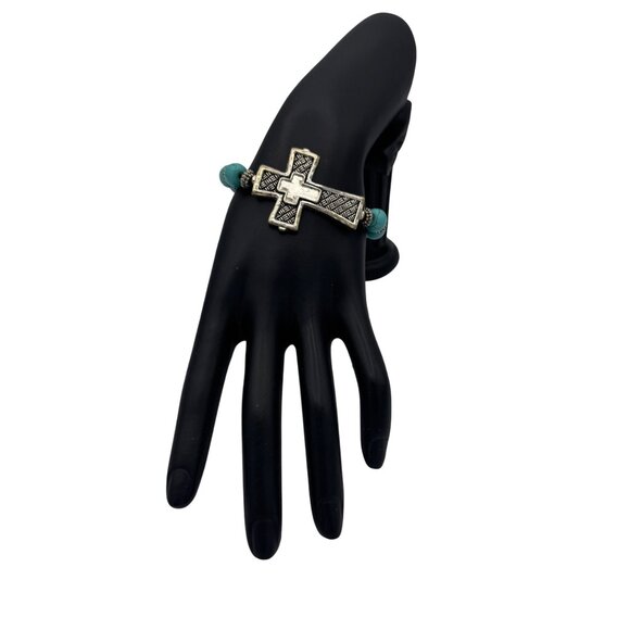 Beaded Turquoise Cross Stretch Bracelet With Silver-Tone Accents - Picture 1 of 3